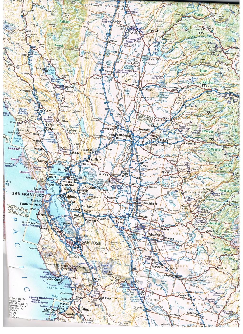 Färdväg för studieresan i Kalifornien mars 2013.