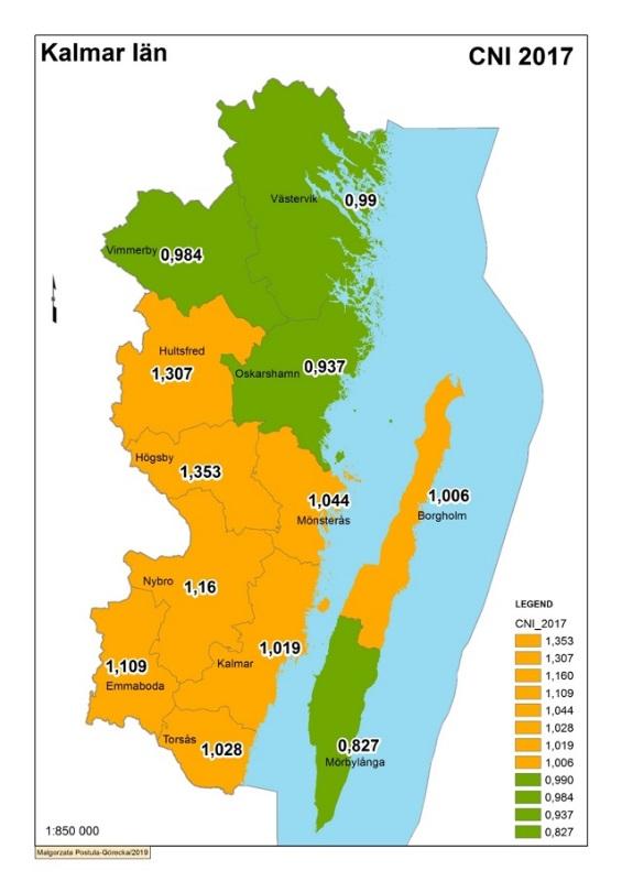 Figur 31. Care Need Index för Kalmar län 2011 och 2017 Källa: Vårdval RKL Ett sätt att prognosticera vårdbehovet är att koppla befolkningsutveckling till vårdkonsumtion så som den ser ut idag.