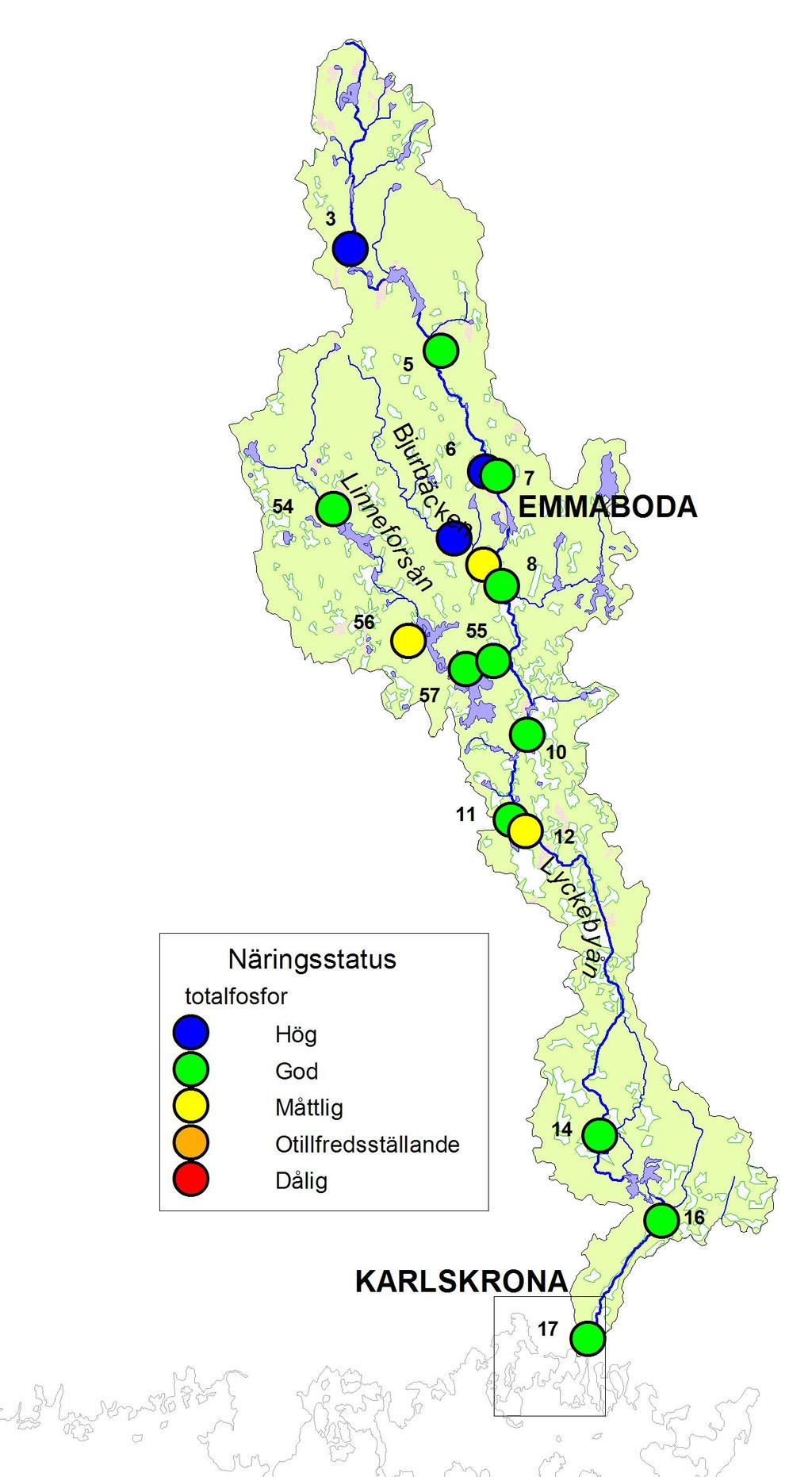 Näringstillstånd/-status Låga till måttligt höga fosforhalter Vinån, höga fosforhalter God eller hög näringsstatus med