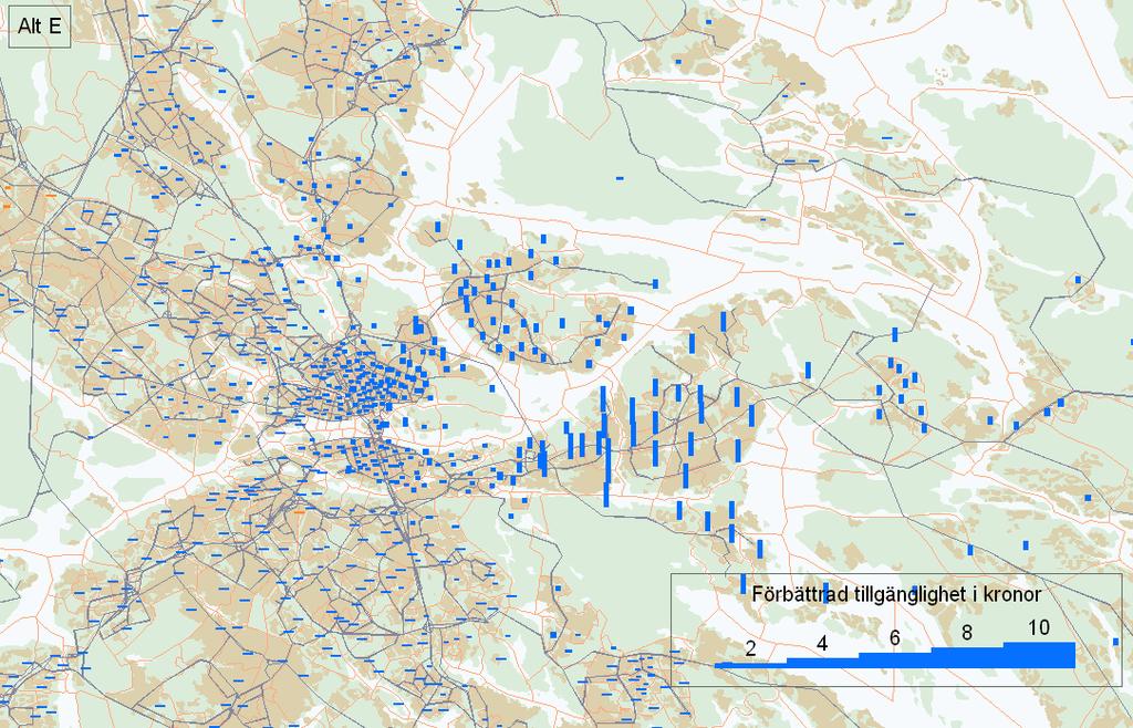 Den mer östliga vägsträckningen E som visas i nedanstående figur ger en högre vinst per resa i Nacka i jämförelse med vägsträckningarna C och D.