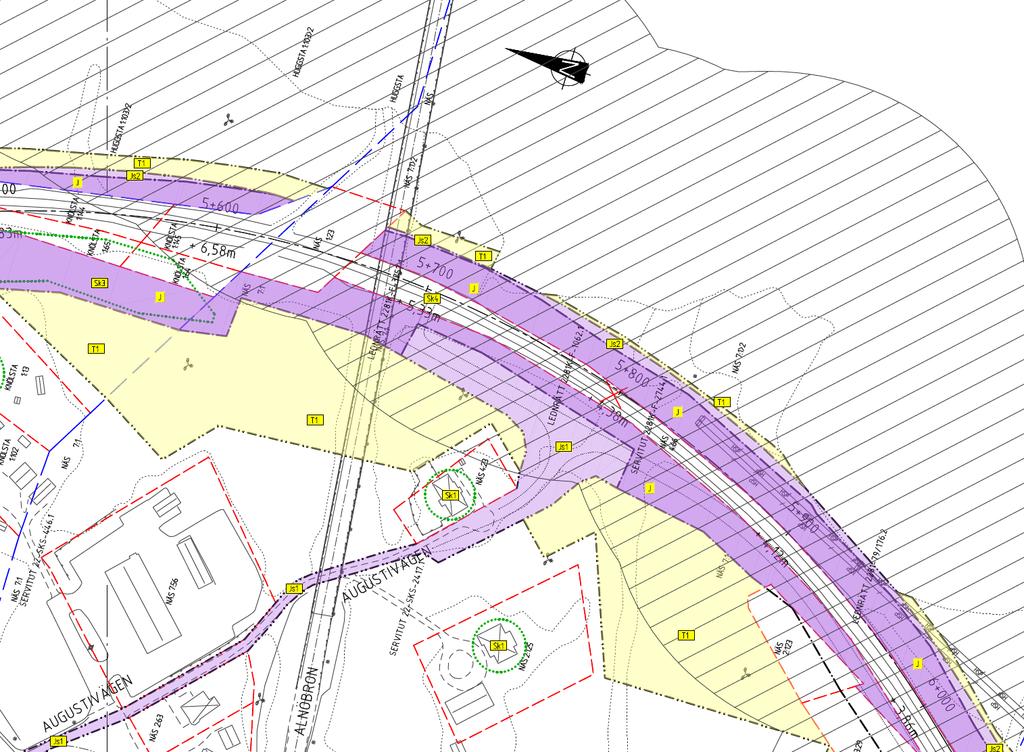 Föreslagen ändrad omfattning av tillfälliga nyttjanderätter vid Alnöbron och Augustivägen.