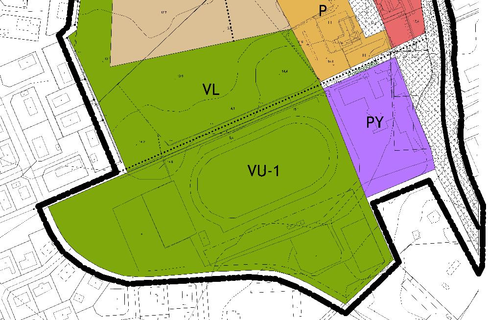 Skolan är markerad som område för allmän service (PY), idrottsparkens område som område för idrotts- och rekreationsservice (VU) på vilket byggnader som betjänar idrotts-, rekretions- och