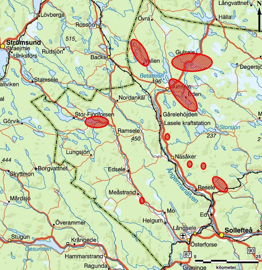 Figur 2. Översiktskarta med områden med utvalda objekt som fältbesiktigades i Ed, Edsele, Junsele, Ramsele, Resele och Ådals-Lidens socknar markerade. Underlagskarta: Sverigekartan Lantmäteriet.
