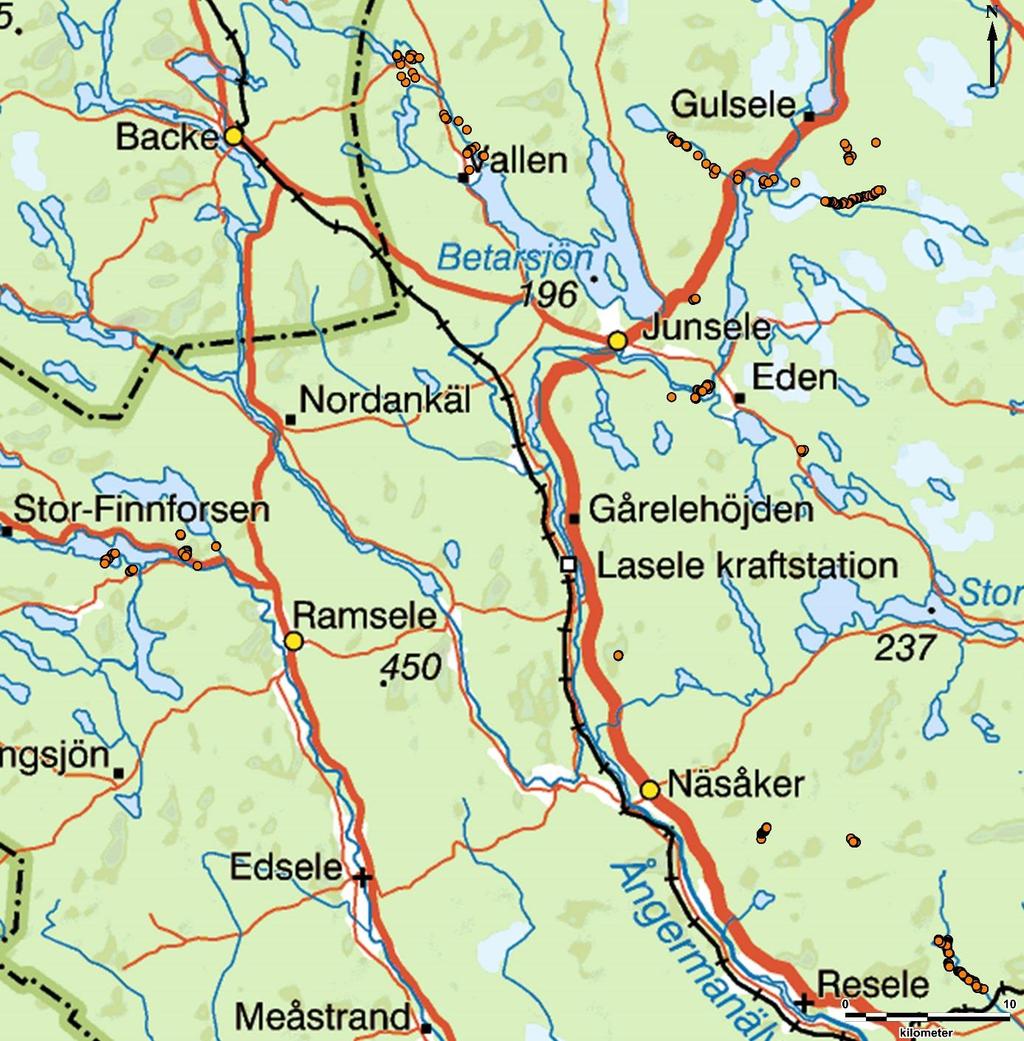 Figur 3. Översiktskarta med de besiktigade lokaler som registrerats i FMIS markerade med orange. Underlagskarta: Sverigekartan Lantmäteriet. Kartbearbetning: Lena Berg Nilsson 2017.