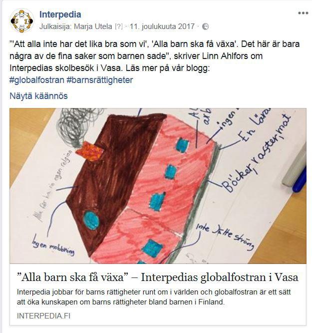 Vi deltog i Kepas projekt Koulu maailmaa muuttamaan (Skolan förändrar världen), där vi använde oss av läromedel om mänskliga rättigheter och barnens rättigheter, vilka vi tidigare utarbetat i