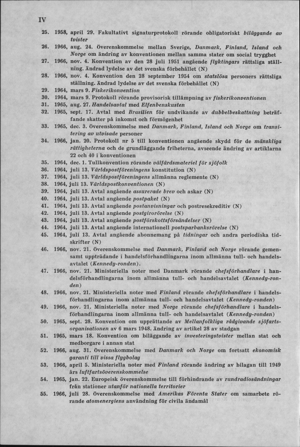 25. 1958, ap ril 29. F ak u ltativ t signaturprotokoll rörande obligatoriskt biläggande au tvister 26. 1966, aug. 24.