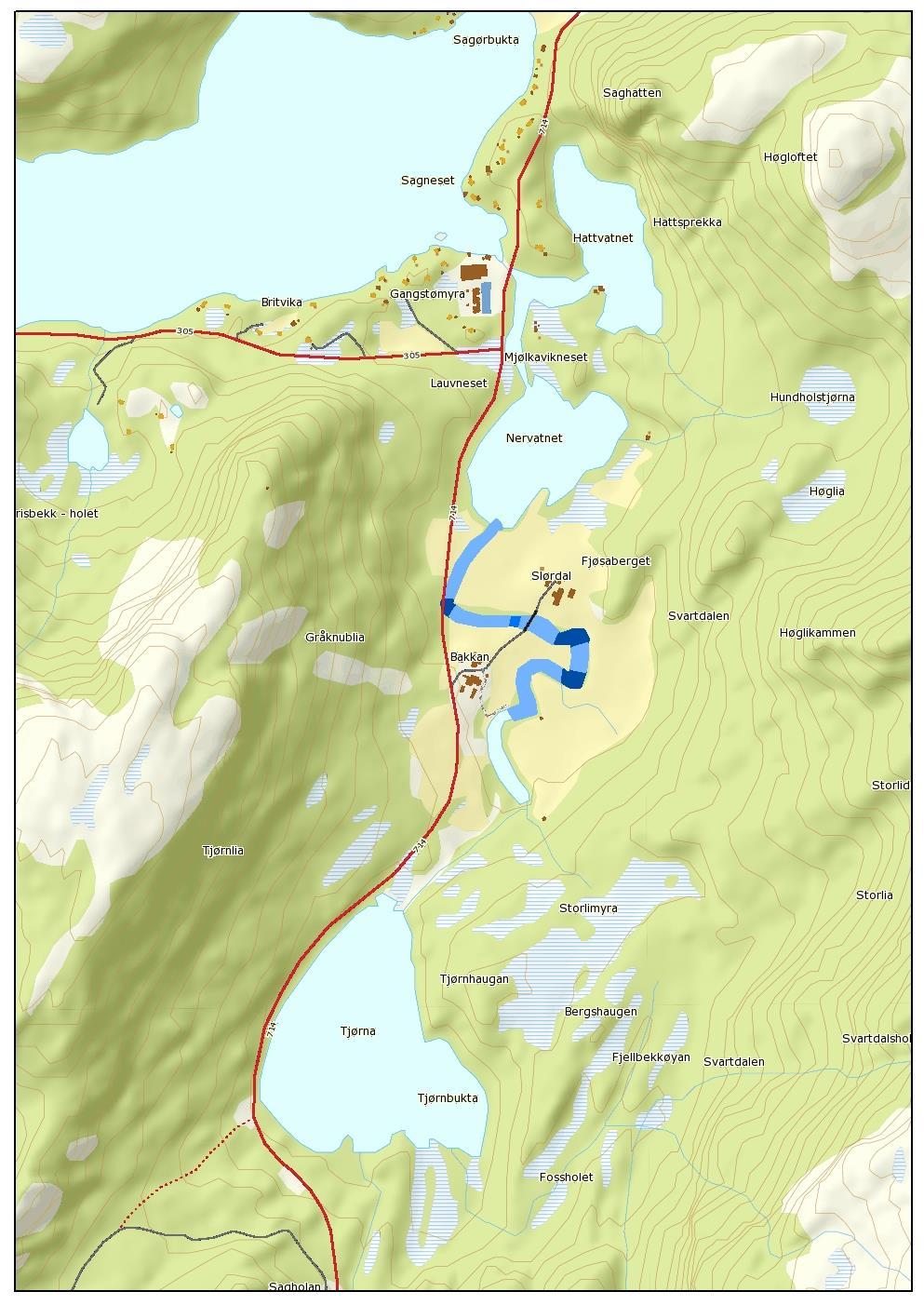 Figur 2 Bedömd utbredning av flodpärlmussla i Slørdalselva. Tätheten är i genomsnitt 15 individer per 100m2 men i de mörkare partierna står högre tätheter.