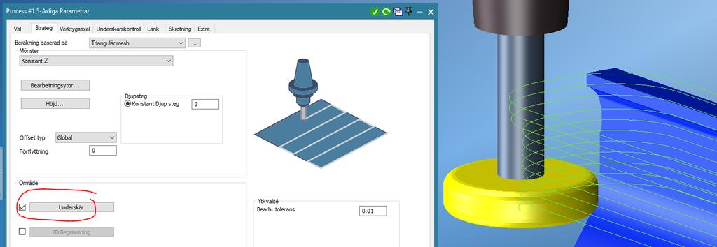 Verktygsbanan kommer då innehålla normalvektorerna från den yta som bearbetas för att bestämma riktning för kompensering, så kallad Explicit 3D Cutter Radius Compensation.