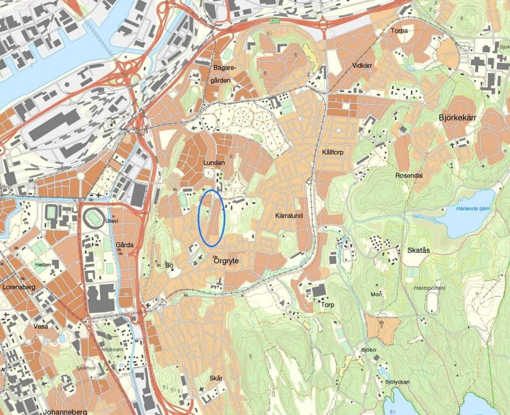 Figur 1. Karta över området. Blå ring markerar området. (lantmateriet.se, 2016-05-24) 2.