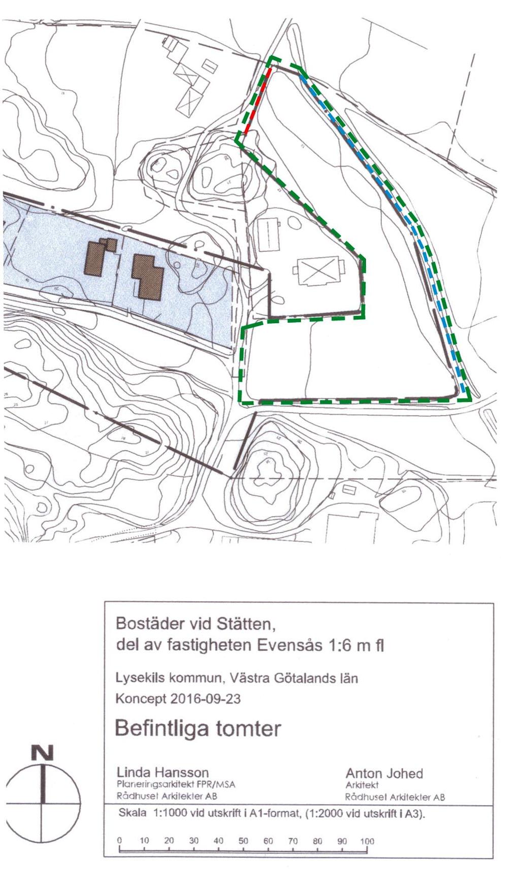 Inventeringsområdet i östra delen av Evensås avgränsat av grön