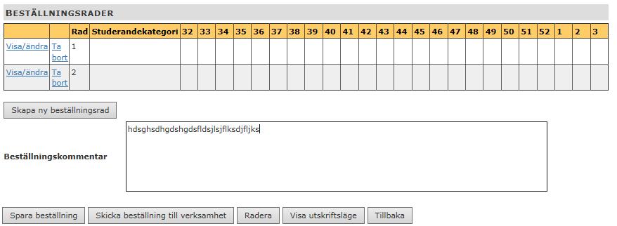 11 För att lägga till flera beställningsrader används knappen Nu finns flera möjligheter att hantera sin beställning: Spara beställning Skicka beställning till verksamhet Radera Visa utskriftsläge