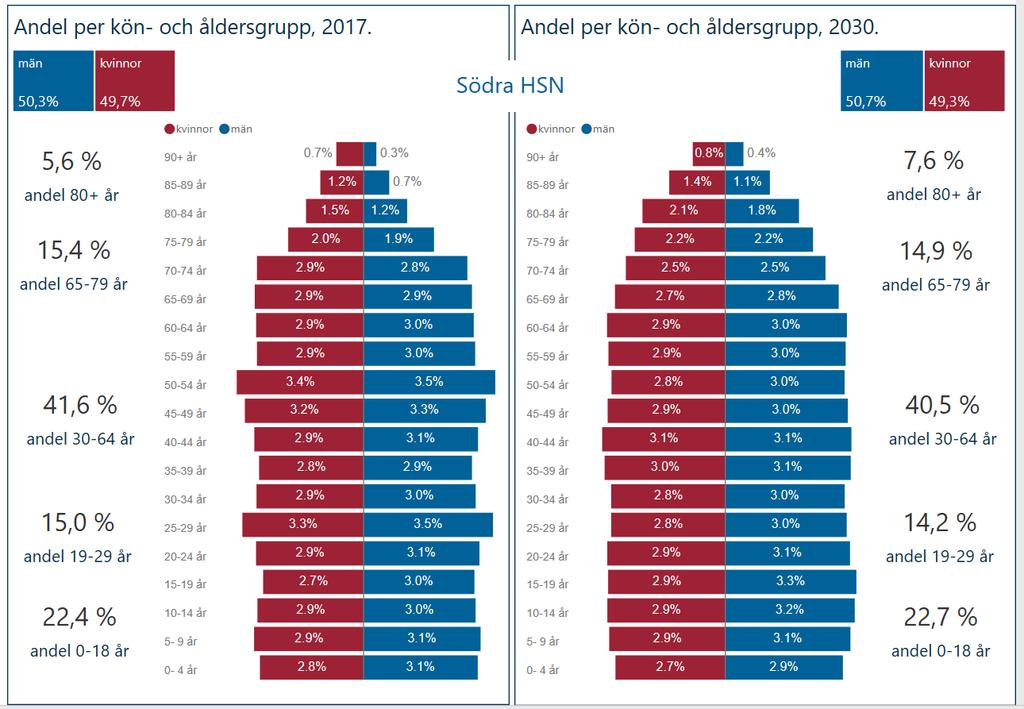 Demografisk sammansättning 2017 och 2030 Andelen äldre (80+) ökar