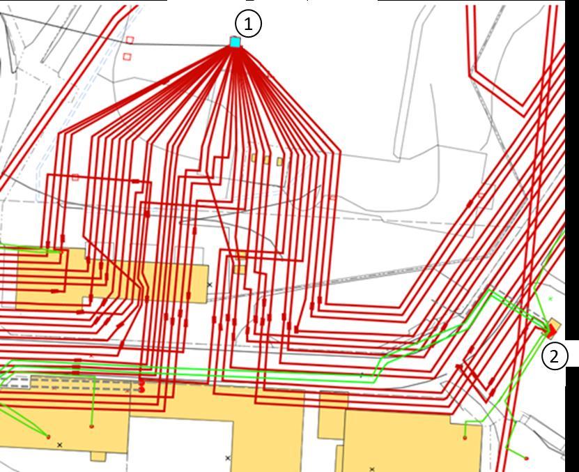 I Figur 4 presenteras en K-station med flera utgående kablar med spänningsnivån 12 kv. K-stationen matas från en 145 kv ledning (svart ledning).