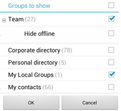 Om Avaya one-x Mobile Preferred for IP Office Om du trycker på knappen Filter intill fältet Sök så kan du välja kontakter på ett mer avancerat sätt genom att filtrera efter följande grupper: Team: