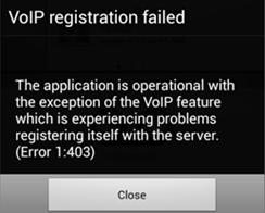 VoIP-funktionen Här är några felkoder som kan visas när du försöker ansluta till IP Office-servern: Felkod Beskrivning 403 Indikerar att en annan mobilapp redan är registrerad på IP Office-servern