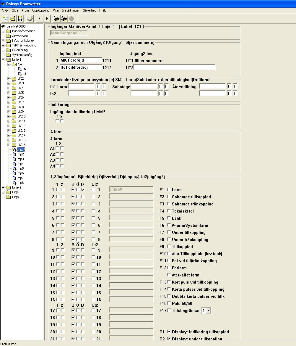 Grundprogrammering 1 Programmering manöverpanel 1: Klicka på Linje 1 - MP: : 2. 3. 4. Programmera text för ingång 1 och 2.