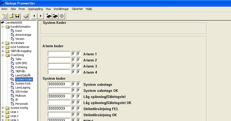 Programmering larmkoder på områden för larmöverföring till hemtelefon: Klicka på Överföring - Larm/Sab/Åt: Programmera kod för