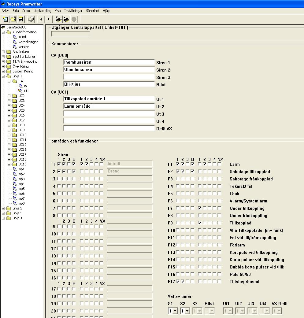 Grundprogrammering 2 Programmering utgångar på CA: Klicka på Linje 1 - CA - ut: 1. 2. Här programmeras sirenutgångar och andra indikeringar.