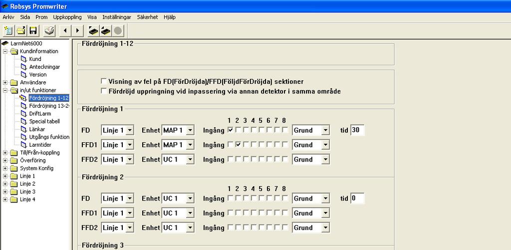 Grundprogrammering 3 Programmering Fördröjning på MP1: Klicka på In/Ut funktioner - Fördröjning 1-12: Programmera fördröjning på ingångar i MP1.