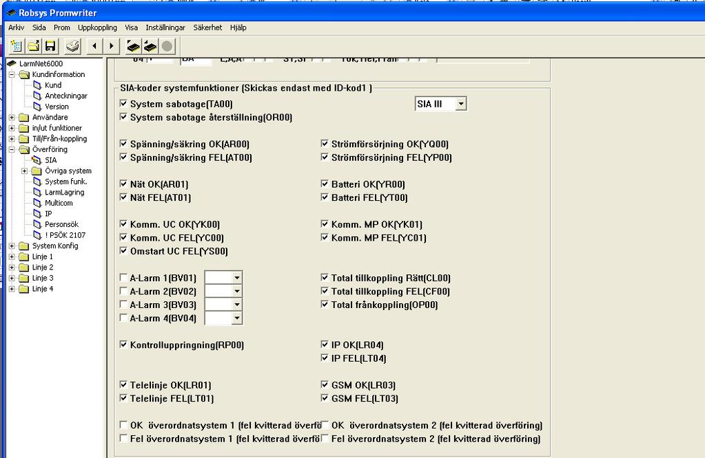 Grundprogrammering 3 Programmering larmöverföring till larmcentral: Klicka på Överföring - SIA: Programmera nu vilka