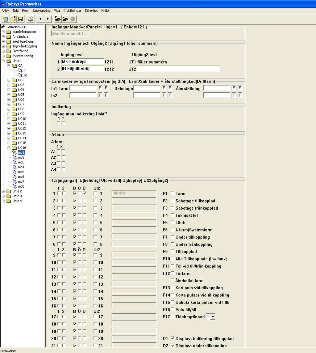 Grundprogrammering 3 Programmering manöverpanel 1: Klicka på Linje 1 - mp1: 1. 2. 3. Programmera text för ingång 1 och 2.