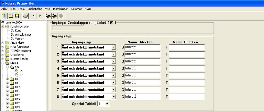 Grundprogrammering 1 Programmering ingångar på CA: Klicka på Linje 1 - CA - in: Programmera vilka