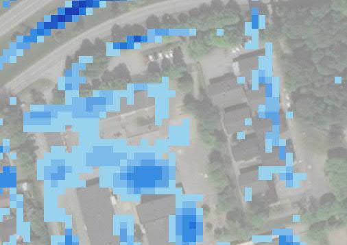 7 ÖVERSVÄMNINGSRISKER VID KLIMATKOMPENSERAT 100-ÅRS REGN En skyfallskartering över området har utförts av Botkyrka kommun för ett 100-års regn med en klimatfaktor på 1,25.