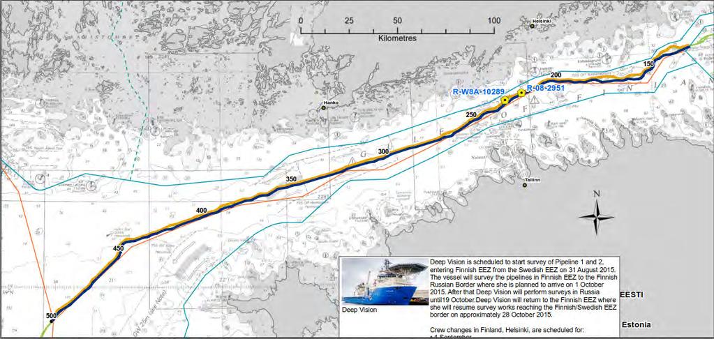 Tm/UfS/NtM 28. 10.10. 2015 *300.(T) 951, 952, 953 Suomi. Suomenlahti. Nord Stream -kaasuputket. Merenpohjan mittaustoimintaa. Tiedonanto uusitaan. Finland. Finska viken. Nord Streams gasledningar.