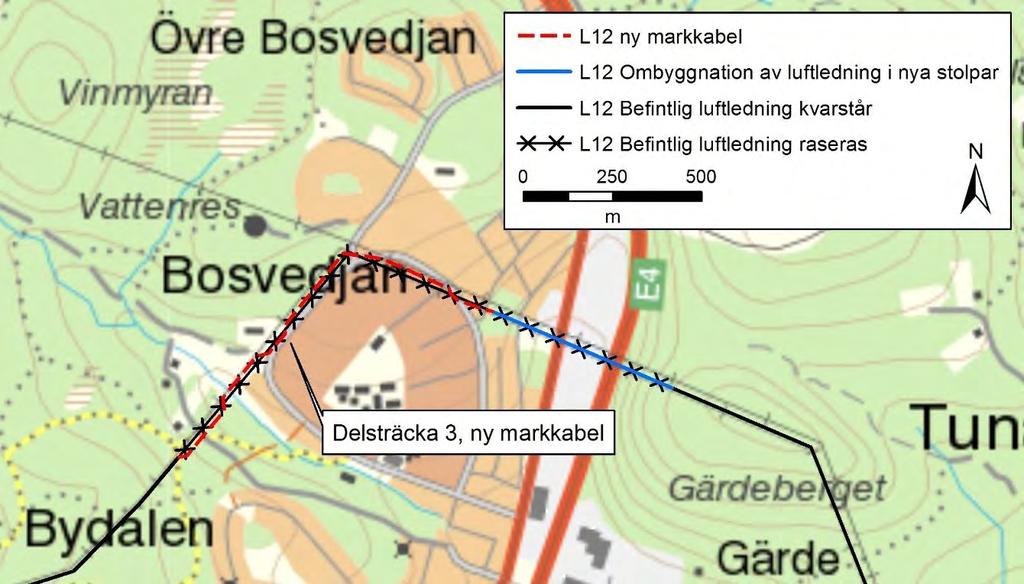 3.2.3 Delsträcka 3: Bosvedjan nytt utförande markkabel Delsträcka 3 förbi Bosvedjan är cirka 1250 meter lång.