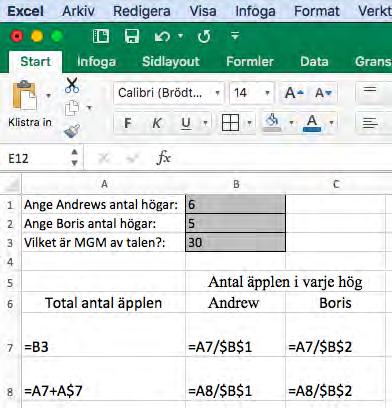 Hur många äpplen låg i var och en av Andrews högar? c) Hur många äpplen fanns i var och en av Boris högar om det i varje av hans högar låg 21 fler äpplen än i var och en av Andrews högar?