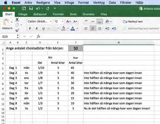 Låt eleverna utforska i Excel vad som händer när antalet bitar från