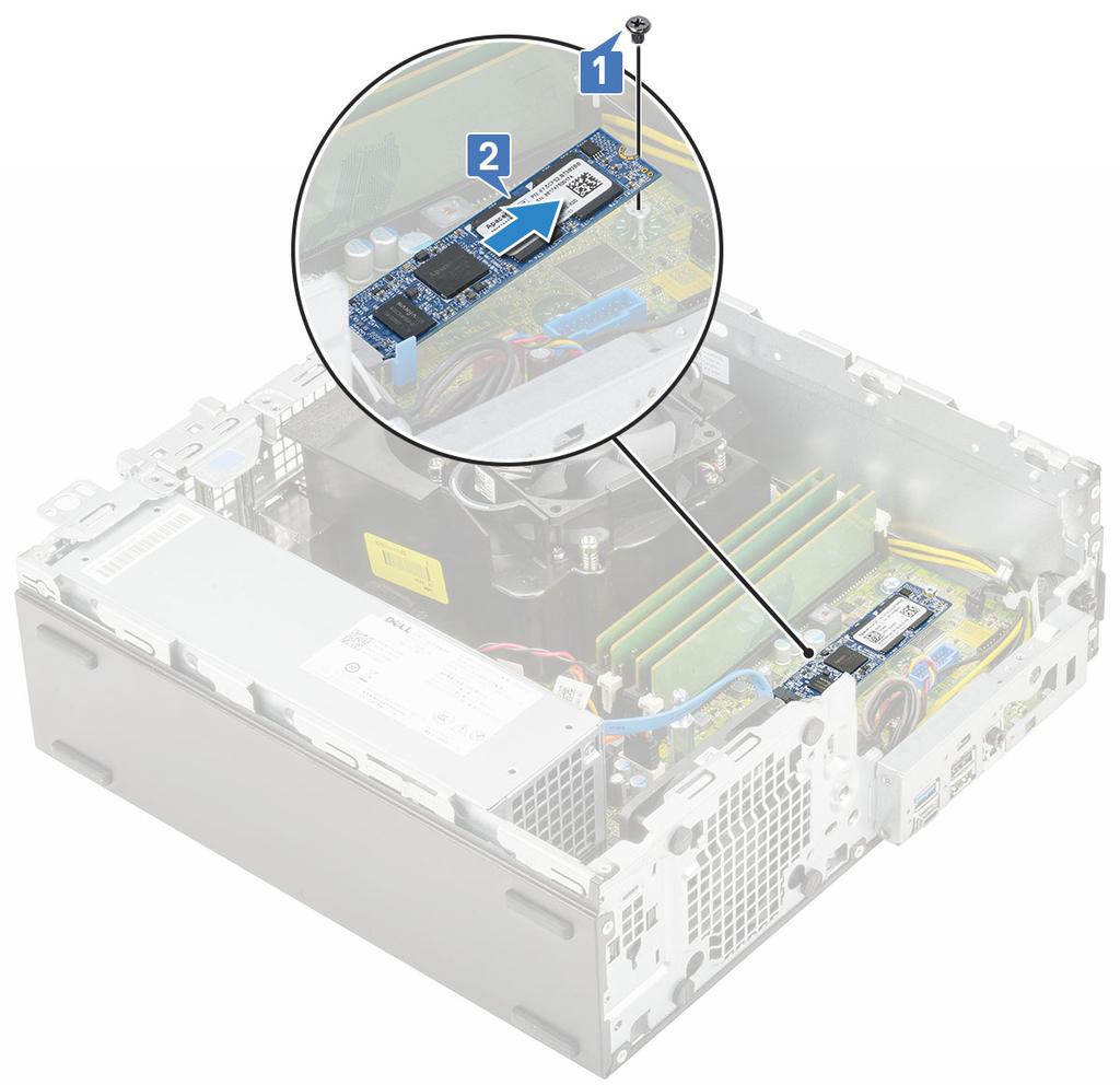 c d HDD-enheten Hårddisk och optisk enhetsmodul 3 Så här tar du bort M.2 PCIe SSD:n: a Ta bort skruven (M2x3,5) som håller fast M.2 PCle SSD:n i moderkortet [1].