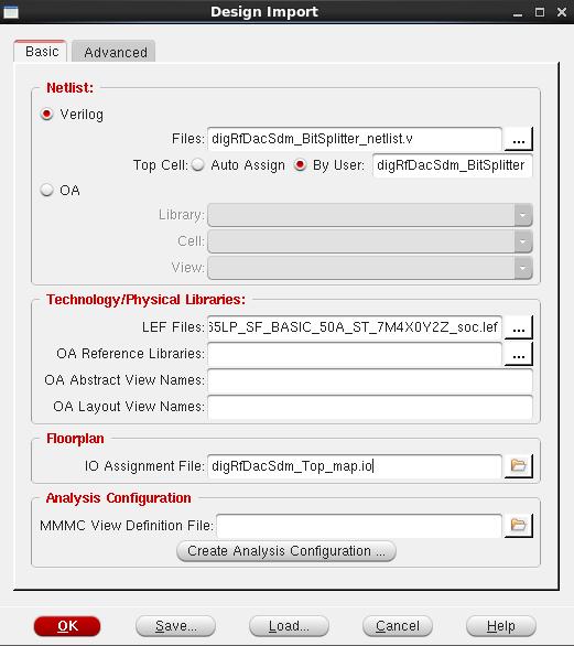 74 6 SoC Encounter Manual Figure 6.8: Design import window with parameters to set-up to import design in Encounter. Save the configuration file by clicking save button and choosing a suitable name.
