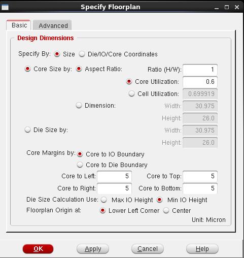 6.4 Cadence Encounter Manual 77 Figure 6.10: Set-up parameters for floor planning.