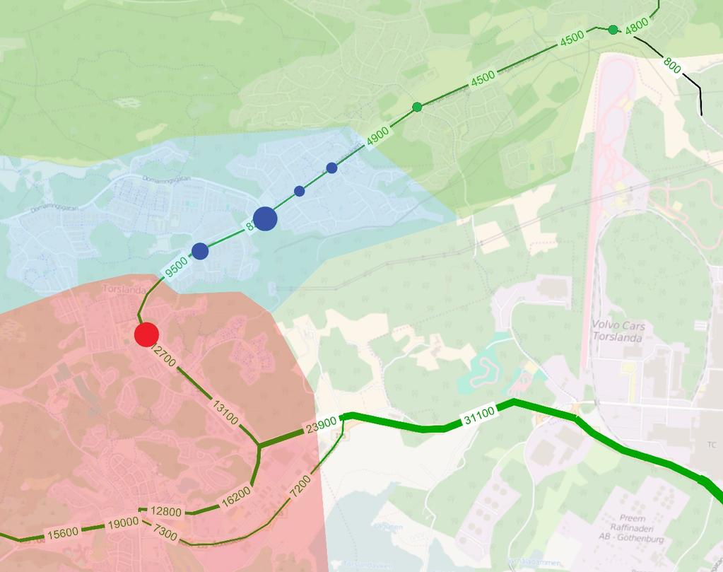Figur 22 Det gröna området genererar trafik som i stor utsträckning får tidsvinster genom att åka på tvärförbindelsen i samtliga lokaliseringsförslag.
