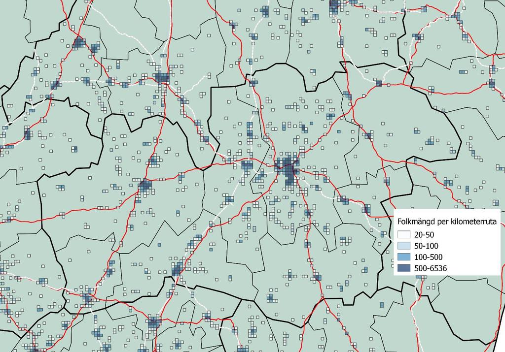 Karta 2: Folkmängd per kilometerruta (2017), Kronobergs län. Källa: SCB/MONA och egna bearbetningar av Region Kronoberg Kronobergs län genomkorsas av två större järnvägsdragningar.