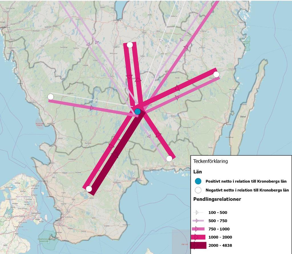 Kronobergs län har ett positivt pendlingsnetto, vilket innebär att det är fler som pendlar in till länet för att arbeta än vad som pendlar ut från länet för att arbeta i andra län.