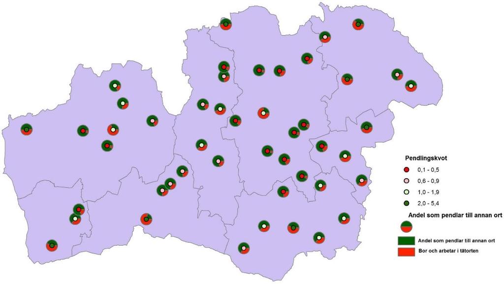 Karta 15: Andel av den sysselsatta nattbefolkningen i tätorterna som pendlar till en annan tätort för att arbeta (2016).