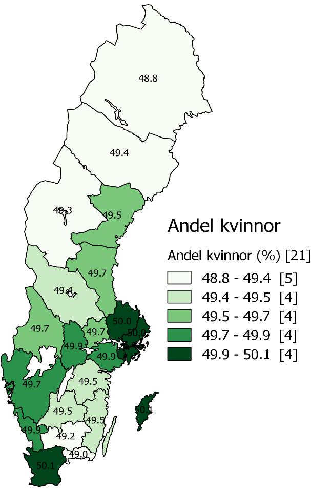 Karta 20: Andel kvinnor av befolkningen, regional nivå.