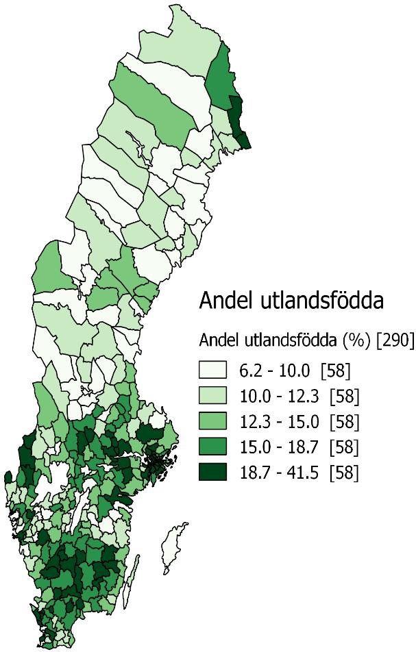 Karta 21: Andel utlandsfödda av befolkningen, kommunal nivå