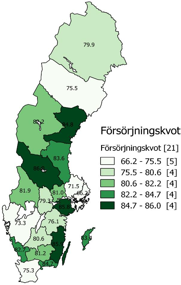 Karta 24: Demografisk försörjningskvot, regional nivå (2017). Källa: SCB och egna bearbetningar av Region Kronoberg Medelåldern i Kronobergs län är 41,5 år, vilket är 0,3 år mer än riksgenomsnittet.
