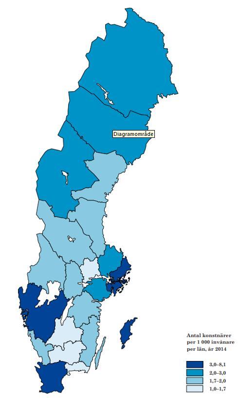 Karta 25: Antal konstnärer per invånare (2014), regional nivå. Källa: Konstnärsnämnden Det finns stora inkomstskillnader mellan yrkeskategorier och konstområden.