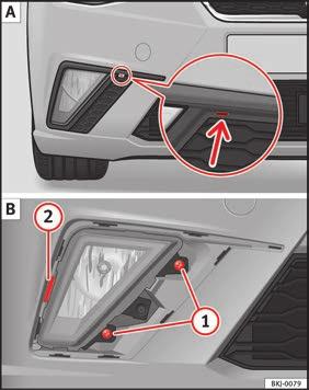 Nödfall Blinkers och varselljus/positionsljus 1) Bild 113 I motorrummet: blinkersglödlampa 1 och varselljusglödlampa 2. Öppna motorhuven. Vrid lamphållaren bild 113 1 eller 2 åt vänster och dra.