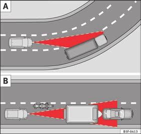 Speciella körsituationer Bild 196 (A) Fordon i en kurva. (B) Framförvarande motorcyklist utanför radarsensorns räckvidd. Användning Bild 197 (C) Fordon som byter fil.