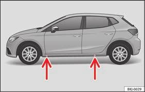 Hissa upp bilen Bild 83 Punkter för placering av domkraft. Bild 84 Montera domkraft. Placera domkraftens* (verktygssatsen) på fast mark.