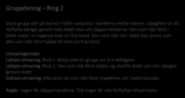 Nivå 2: Använd två ringar, en flyttas medsols och en motsols. Nivå 3: Använd fyra ringar, två flyttas medsols och två motsols. Extra utmaning: Gruppen står med ryggen in mot ringens mitt.