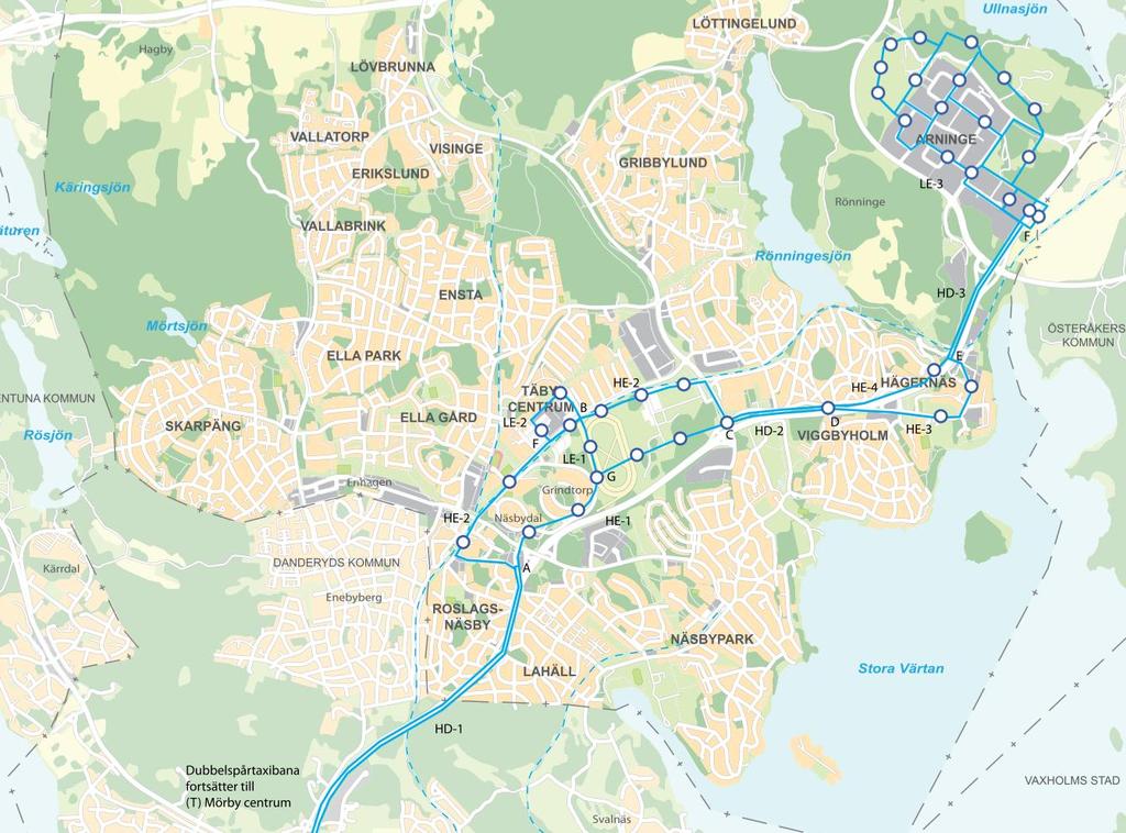 Större spårtaxinät via Galoppfältet till (T) Mörby centrum Koppling till båda grenarna av Roslagsbanan vid Roslags-Näsby Nära