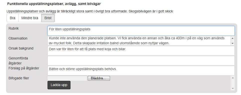 Det finns möjlighet att komplettera med kommentarer (se exempel i figur 11). Skriv in en lämplig rubrik och din observation. Ange även möjlig bakgrund/orsak.