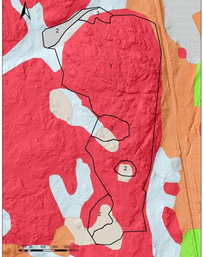 Karta 3. Digitala jordartskartan, ursprung 1:50 000 (SGU) samt den digitala höjdmodellen (Lantmäteriet).