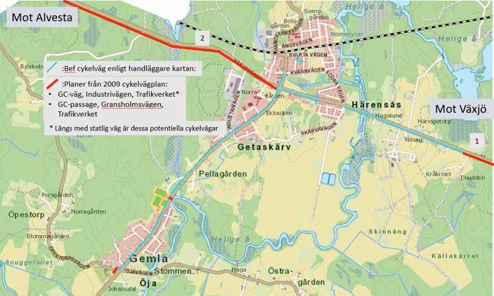 För Gemla finns följande behov av nya cykelvägar. Det finns en cykelväg längs med väg nr 707 till Härensås. Efter Härensås saknas cykelväg på en sträcka på ca 4 km fram till Rv 23.